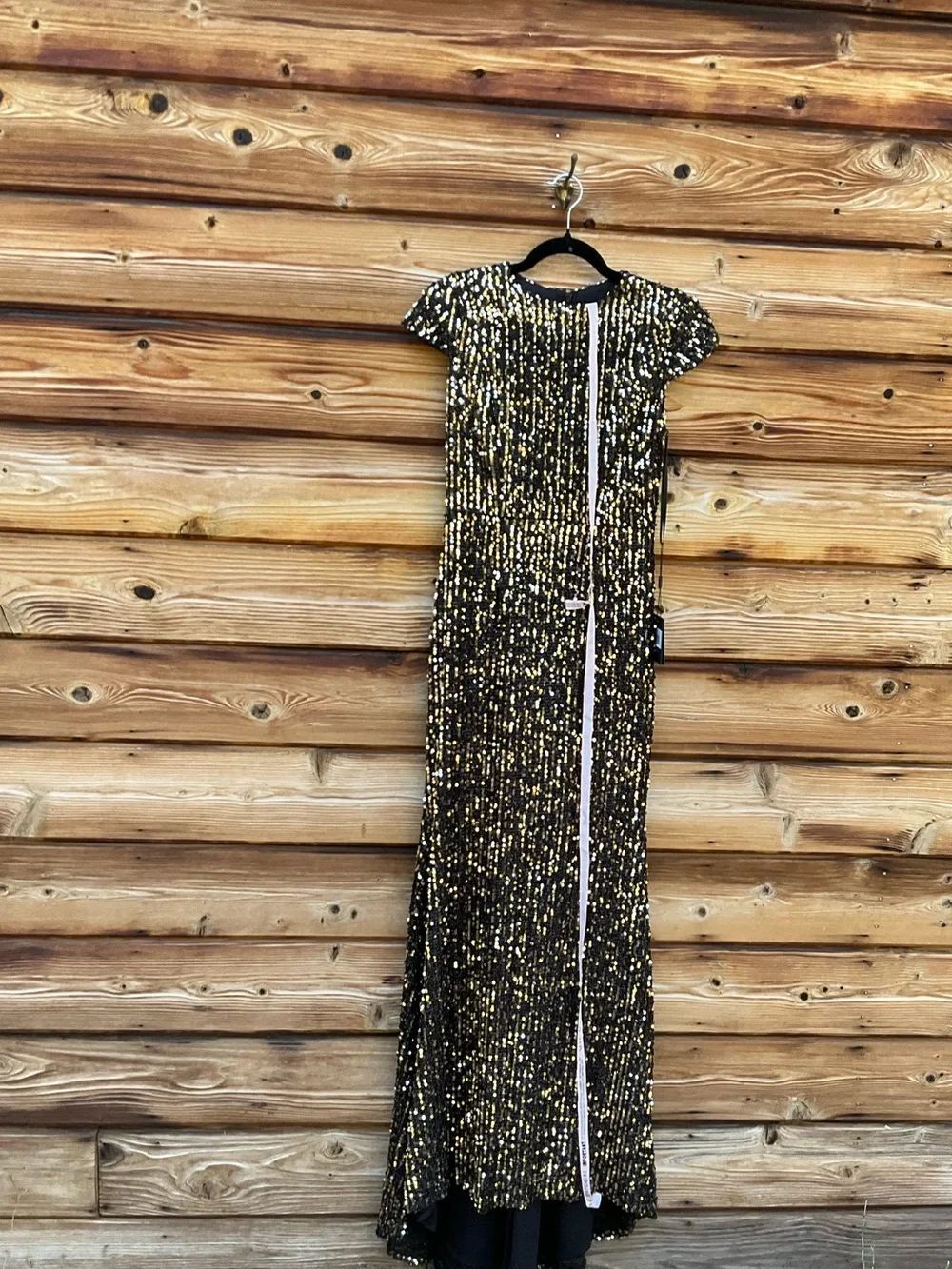Mac Duggal Black Gold Sequin Cap Sleeve Gown Dress Size 4 - Picture 6 of 14